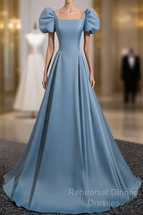 A-Line Blue Satin Short Sleeves Long Party Dress, Blue Short Sleeves Semi Formal Prom Dress