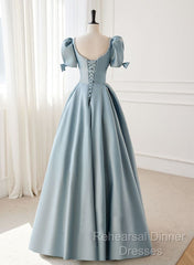 A-Line Blue Satin Short Sleevs Long Formal Dress, Blue Simple Floor Length Semi Formal Prom Dress