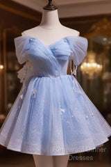 A-Line Blue Short Off Shoulder Knee Length Homecoming Dress, Blue Short Semi Formal Prom Dress