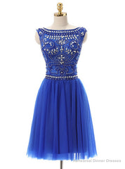 A-Line Blue Tulle Crystal Beading Backless Homecoming Dress