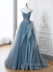 A-Line Blue Tulle Long Party Dress With Lace, Off Shoulder Tulle Semi Formal Prom Dress
