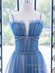 A-Line Blue Tulle Long Semi Formal Prom Dress, Blue Tulle Formal Dresses