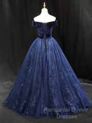 A-Line Blue Tulle Velvet Long Semi Formal Prom Dress, Blue Formal Evening Dress
