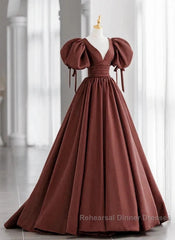 A-Line Brown Satin Ball Gown Short Sleeves Long Party Dress V-Neckline Semi Formal Prom Dress