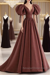 A-Line Brown Satin Ball Gown Short Sleeves Long Party Dress V-Neckline Semi Formal Prom Dress