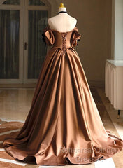 A-Line Brown Satin Off Shoulder Scoop Long Semi Formal Prom Dress, Satin Evening Dress