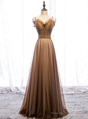 A-Line Brown Tulle Spagehtti Straps Beading Sequins Prom Dress