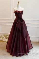A-Line Burgundy Organza Burgundy Long Semi Formal Prom Dress, Burgundy Long Evening Dress