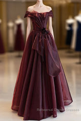 A-Line Burgundy Organza Burgundy Long Semi Formal Prom Dress, Burgundy Long Evening Dress