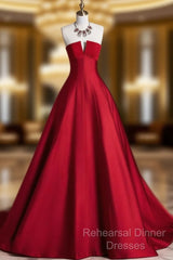 A-Line Burgundy Satin Long Semi Formal Prom Dress, Burgundy Long Formal Dress