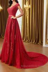 A Line Cap Sleeves Burgundy Lace Long Semi Formal Prom Dresses with Appliques, Burgundy Formal Dresses, Burgundy Evening Dresses
