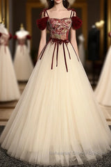 A line  champagne long Semi Formal Prom Dresses, champagne tulle formal evening Dresses