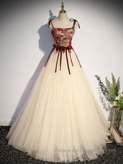 A line  champagne long Semi Formal Prom Dresses, champagne tulle formal evening Dresses