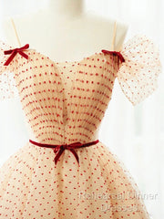 A-Line Champagne Tulle Long Semi Formal Prom Dress, Champagne Long Formal Dress