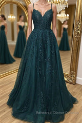 A Line Dark Green Tulle Lace Long Semi Formal Prom Dresses, Dark Green Lace Formal Graduation Evening Dresses
