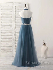 A-Line Gray Blue Tulle Long Bridesmaid Dress Floor-Length Beading Semi Formal Prom Dress Elegant