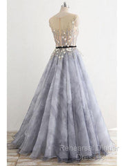 A-Line Gray Rround Neck Tulle Long Semi Formal Prom Dress Grey Evening Dress,