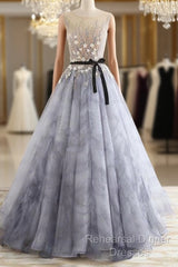 A-Line Gray Rround Neck Tulle Long Semi Formal Prom Dress Grey Evening Dress,