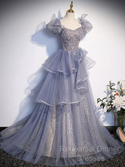 A-Line Gray Sequin Long Semi Formal Prom Dress, Sequin Tulle Formal Evening Dresses