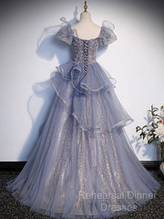 A-Line Gray Sequin Long Semi Formal Prom Dress, Sequin Tulle Formal Evening Dresses