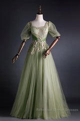 A Line Green Applique Semi Formal Prom Dress Sweet Tulle Birthday Party Dress