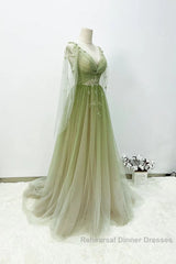 A-Line Green Gradient Tulle Long Sleeves Party Dress, V-Neckline Green Formal Dress Semi Formal Prom Dress