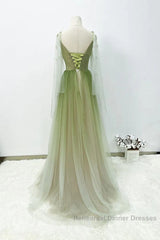 A-Line Green Gradient Tulle Long Sleeves Party Dress, V-Neckline Green Formal Dress Semi Formal Prom Dress