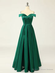 A-Line Green Off Shoulder Long Prom Dresses, Green Formal Evening Dresses