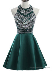 A-Line Green Satin Crystal Short Homecoming Dress