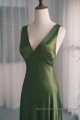 A-Line Green Satin V-Neckline Low Back Semi Formal Prom Dress, Green Evening Dress