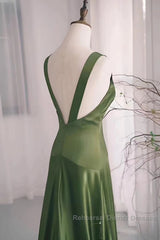 A-Line Green Satin V-Neckline Low Back Semi Formal Prom Dress, Green Evening Dress