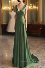 A-Line Green Satin V-Neckline Low Back Semi Formal Prom Dress, Green Evening Dress