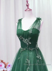A-Line Green Sweetheart Beaded Tulle Semi Formal Prom Dress, Green Tulle Long Evening Dress