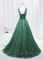 A-Line Green Sweetheart Beaded Tulle Semi Formal Prom Dress, Green Tulle Long Evening Dress