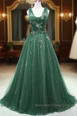 A-Line Green Sweetheart Beaded Tulle Semi Formal Prom Dress, Green Tulle Long Evening Dress
