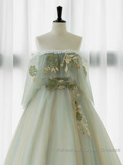 A-Line Green Tulle Lace Long Semi Formal Prom Dress, Green Tulle Lace Long Formal Dress