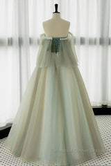 A-Line Green Tulle Lace Long Semi Formal Prom Dress, Green Tulle Lace Long Formal Dress