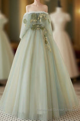 A-Line Green Tulle Lace Long Semi Formal Prom Dress, Green Tulle Lace Long Formal Dress