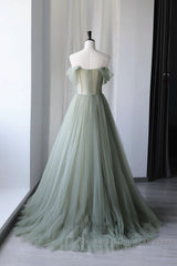 A-Line Green Tulle Long Semi Formal Prom Dresses, Green Formal Evening Dresses