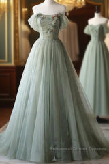 A-Line Green Tulle Long Semi Formal Prom Dresses, Green Formal Evening Dresses