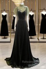 A-Line Green Velvet Long Wedding Party Dress, High Neckline Semi Formal Prom Dress Evening Dress