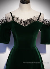 A-Line Green Velvet Spaghetti Straps Semi Formal Prom Dress, Green Wedding Party Dress