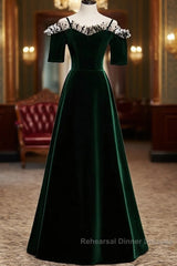 A-Line Green Velvet Spaghetti Straps Semi Formal Prom Dress, Green Wedding Party Dress