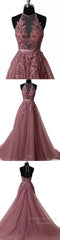A Line Halter Neck Lace Semi Formal Prom Dress With Sweep Train,  Backless Formal Dress, Evening Dress