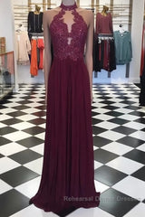 A Line High Neck Lace Long Semi Formal Prom Dresses, Lace Evening Dresses