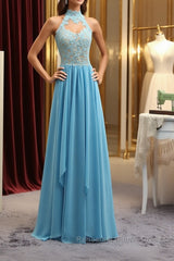 A Line High Neck Open Back Lace Chiffon Ruffles Blue Long Semi Formal Prom Dresses, Blue Lace Formal Dresses, Blue Lace Graduation Dresses
