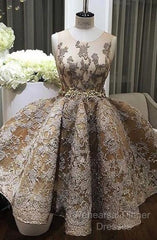 A-Line Jewel Sleeveless Short Semi Formal Prom Dress With Lace Appliques