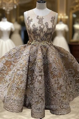 A-Line Jewel Sleeveless Short Semi Formal Prom Dress With Lace Appliques