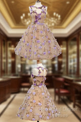 A-Line Jewel Tea-Length Open Back Champagne Tulle Homecoming Dress With Appliques Flowers