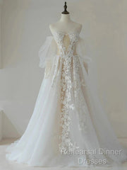 A-Line Lace Tulle Long Semi Formal Prom Dress Bride Gown